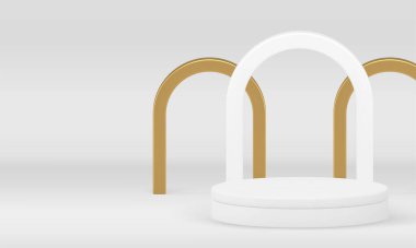 Lüks ürün sunumu için beyaz 3d silindir podyum gerçekçi vektör illüstrasyonu. Alış-veriş reklamı için altın kemer kaplama sahip şık ışık kaidesi.