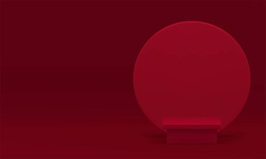 Promo gerçekçi vektör illüstrasyonu için yuvarlak duvar arkaplanı olan kırmızı 3d kare podyum. Moda kaidesi reklamcılığının minimalist görüntüleme sunumu için vitrin modelini oluşturun