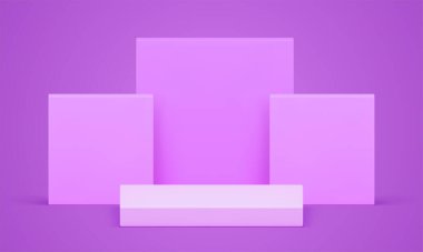 Mor 3d ışıklandırma sahnesi ve kare duvar arkaplanı gerçekçi vektör illüstrasyonu. Mor pastel kaide minimalist estetik geometrik vitrin ticari görüntüleme sunumunu gösterir