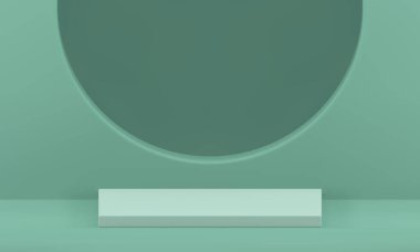 Yarı daire duvar arkaplan gerçekçi vektör illüstrasyonlu yeşil 3d podyum kaidesi. Moda pastel reklam galerisi dikdörtgeni ürün sunumu için ticari ekran