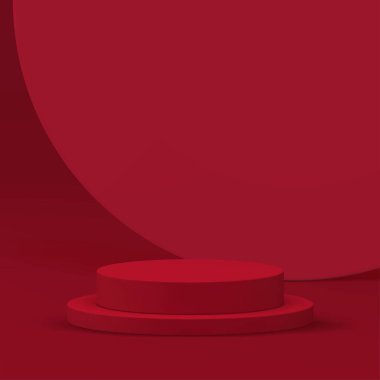 Ürün için 3d kırmızı showroom silindir podyum kaidesi gerçekçi vektör illüstrasyonunu gösterir. Alışveriş satışı için daire duvar arkaplanı olan modaya uygun bir moda gösterisi.