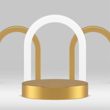 Gösterişli 3d altın silindir podyum kaidesi ve gerçekçi vektör çizimi için kemer. Geometrik arka planlı birinci sınıf metalik sahne platformu beyaz sergi salonu reklam alanı