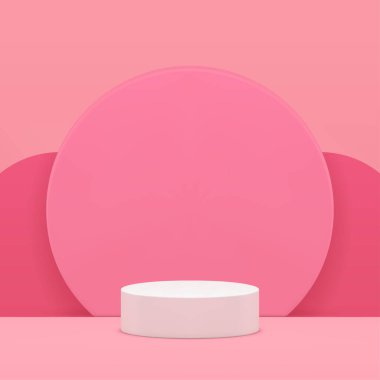 Kozmetik güzellik ürünü için Pembe 3d silindir podyum kaidesi gerçekçi vektör illüstrasyonunu gösteriyor. Zarif kadınsı geometrik gösteri salonu daire duvar arkaplanı ile reklam ekranı