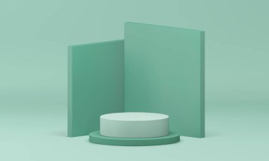Kozmetik ürün için yeşil pastel 3d podyum kaidesi gerçekçi vektör illüstrasyonunu gösteriyor. Açılı duvar arkaplanı satış sunumuyla modayı gösteren geometrik görüntü silindiri standı