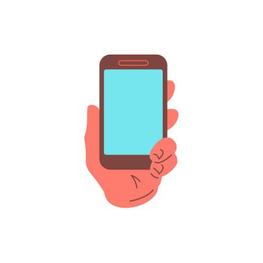 Erkek el akıllı telefon ekranı dijital uygulama simgesi düz çizim. Çizgi film insan kolu cep telefonu görüntüsü arama web iletişim dijital teknolojisi