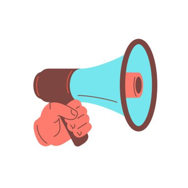 Erkek el megafon pazarlama ve reklam ikonu vektör düz illüstrasyon. Hoparlörlü insan karikatür kolu halka açık duyuru satışı ve siyasi propaganda uyarısı
