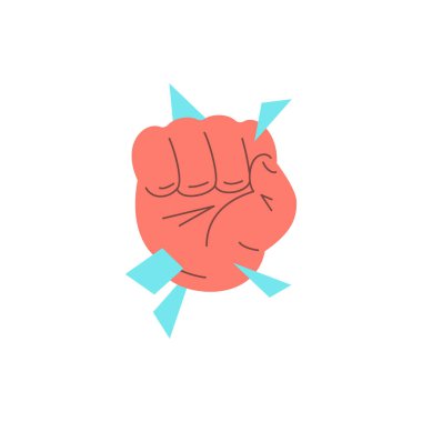 Kıymık gücü tahribatı ve kuvvet konsepti ikon vektör düz illüstrasyonlu insan eli yumruğu. Erkek çizgi film karakteri öfkesi, devrim özgürlüğünü, adalet direnci eylemciliğini ve bağımsızlığı vurdu.