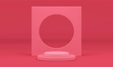 Pembe geometrik 3d podyum ürün sunumu için platform inşaatını kazandı gerçekçi vektör illüstrasyonu. Temel temeli kaldırım silindiri sergi salonu kare kare duvar yuvarlak delik tanıtımı