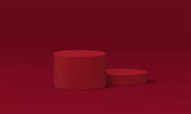 3D gerçekçi vektör illüstrasyonu için kırmızı kaidesel platform tanıtım platformu inşaatı. Tören stüdyosu arka planı için podyum basamağı ödül arenası