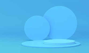 Mavi kaidesel silindir ürün sunumu 3d sahne ödülü arena gerçekçi vektör illüstrasyonu. Podyum yuvarlak vitrin geometrik platform minimalist perakende satış standı