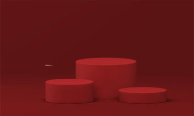 3d silindir podyum kırmızı temel seviye inşaat perakende ürün gerçekçi vektör illüstrasyonudur. Pedestal mimarisi ürün prim sunumu için temel temel temel platform yuvarlak görünümü