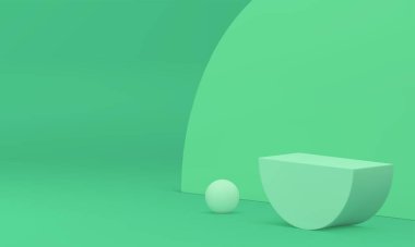 Yeşil 3d podyum sergisi geometrik minimalist tasarım yarım daire küre şekilli gerçekçi vektör çizimi. Pedestal ürün premium sunum dekoru elementinin temel temelini gösterir