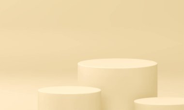 Bej 3d podyum üç silindir sütun yarışmasını kazandı. Kutlama platformu gerçekçi illüstrasyon. Yaya kristali geometrik temel temel temel dayanışma ödülü alan minimal dekorasyon tasarımı