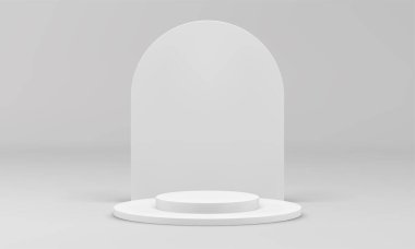 3d podyum beyaz silindir adım temeli eğimli duvar perakende ürün inşaat gerçekçi vektör illüstrasyonu. Pedestal yuvarlak sahne ödülü arenası ürün tanıtımı için minimum tasarım