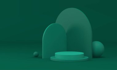 Ürün tanıtım sunumu için yeşil 3d kaidesel geometrik temel silindir düzeyi gerçekçi vektör illüstrasyonu. Podyum inşaatı görüntüleme platformu mimarisi