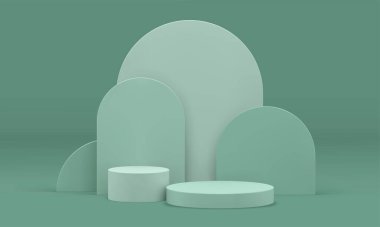 Ürün premium sunumu için yeşil 3d kaidesel eğimli duvar silindir yapısı gerçekçi vektör illüstrasyonu. Podyum temel temel mimari yuvarlak geometrik sergi odası dekorasyonu tasarımı