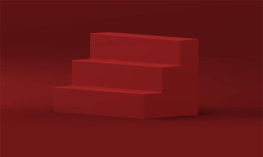 3D merdiven kırmızı seviyeli podyum tırmanma inşaatı mimari başarı temeli gerçekçi vektör illüstrasyonu ile. Basamakların temel geometrik ilerleme aşama platformu