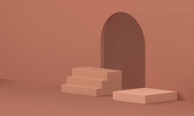 3D showroom kahverengi kaidesel merdiven geometrik kemer girişi ürün sunumu gerçekçi vektör illüstrasyonu. Podyum temel merdiven mimarisi inşaat vitrini minimal tasarım