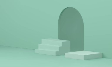 3d kaidesel geometrik sergi salonu iç kemer girişi olay kutlaması konseri gerçekçi vektör illüstrasyonu. Podyum Vakfı Gösteri Merdiveni kare platform ödül töreni