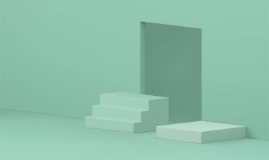 Yeşil 3D showroom geometrik kaidesel merdiven inşa sahnesi dikdörtgen kapı gerçekçi vektör illüstrasyonu. Podyum Temel Vakıf Konser Töreni Satış Malzemeleri Arenası