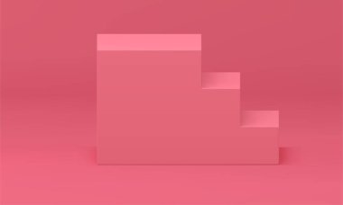 Pembe 3d merdiven basamakları temel temel zorluk özlemleri geometrik şekil gerçekçi vektör illüstrasyonu. Üst kattaki merdiven inşaatı ürün sunumu için inşaat aşamasına tırmanıyor