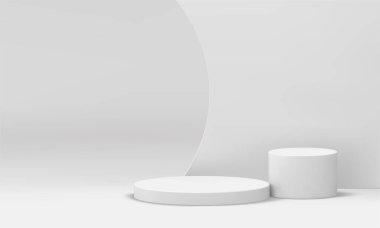 3d podyum beyaz kavisli duvar silindirli temel dayanak gerçekçi vektör illüstrasyonu. Geometrik platform etrafında yaya inşaatı ödül töreni arenası.