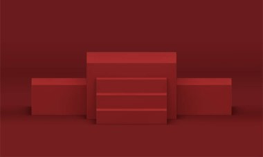 3d podyum kırmızı üç küp temel inşaat yarışması kutlama ödülü alan gerçekçi vektör illüstrasyonu. Pedestal temel merdiven manzaralı en iyi yer başarı platformu