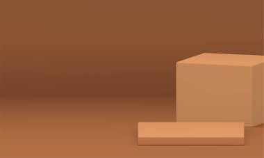 3d nötr kare podyum ve sunum için küp platformu gerçekçi vektör illüstrasyonu. Bej geometrik çizim geometrik vitrin kozmetik ürün reklamları için hazırlanıyor.