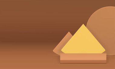 Üçgen yuvarlak geometrik şekilli 3d pastel podyum duvar arkaplanı gerçekçi vektör illüstrasyonudur. Ürün için nötr bej kare kaidesel minimalist estetik sarı işleme aşaması
