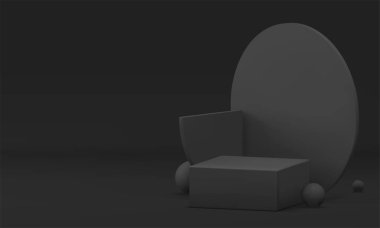 Siyah 3d geometrik podyum ürün sunumu için gerçekçi vektör illüstrasyonları için hazırlandı. Modayı takip eden koyu minimalist estetik kare kaide yuvarlak geometrik şekiller duvar arkaplanı ve küre