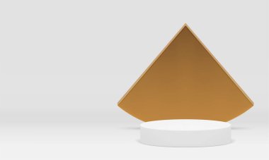 Altın üçgen arka plan gerçekçi vektör illüstrasyonlu beyaz 3D podyum. Premium ürün sunumu için hafif lüks görüntü silindirli kaidesel geometrik şekiller iç gösterim sunumu