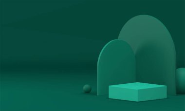 3d yeşil geometrik podyum görünümü kozmetik ürün için maket gerçekçi vektör illüstrasyonunu gösterir. Moda minimalist estetik gösteri salonu sahne kare kaidesi yarı daire açılı duvar arkaplanı