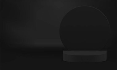 Ürün için siyah 3d reklam kürsüsü kaidesi gerçekçi vektör illüstrasyonunu gösteriyor. Moda modası modası yarı daire gösterisi yuvarlak duvar arkası minimalist gösteri salonu geometrik standı tanıtım için