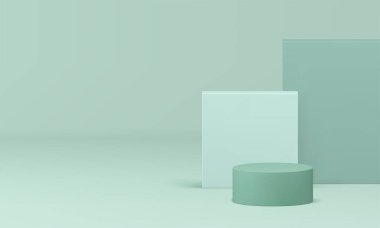 3d yeşil vitrin silindirli podyum dikdörtgenin kare duvar arkaplanı gerçekçi vektör illüstrasyonu. Ürün sunumu için içeriden ışık üreten sergi afişi, temel geometrik şekiller