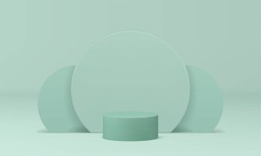 3d podyum pastel yeşil podyum kozmetik ürün için maket gerçekçi vektör illüstrasyonunu gösteriyor. Sunum için çember duvar arkaplan pankartıyla minimalist estetik oluşturma silindiri kaidesi