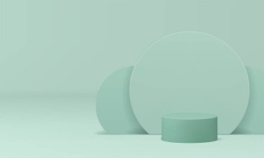 Asgari 3d yeşil silindir podyum ışık geometrik uzay gerçekçi vektör çizimi. Moda pastel kaidesi, ürün sunumu için yuvarlak duvar arkaplanı ile maket oluşturur.