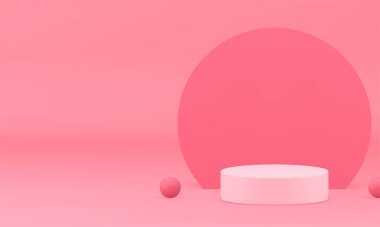 Kozmetik ürün için 3D pembe podyum kaidesi modeli gerçekçi vektör illüstrasyonunu gösteriyor. Zarif kadınsı pastel renkler, yuvarlak duvar arkaplanı ve küresi ile vitrin silindiri platformu