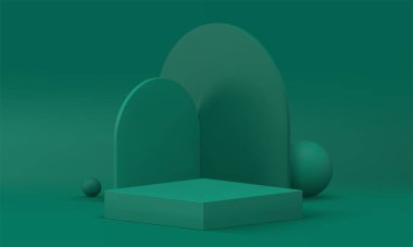 Alışveriş sunumu için yeşil 3d geometrik sahne modayı gerçekçi vektör illüstrasyonu. Ürün gösterimi için açısal yarı daire duvar arkaplanı ve küresi olan en küçük kare kaide