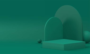 3d yeşil geometrik duruş reklam podyumu gerçekçi vektör illüstrasyonunu taklit ediyor. Moda minimalist estetik çizim afişi yarı çember duvar arkaplan ve küreyle kare kaidesi
