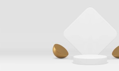 Gerçekçi vektör illüstrasyonunu göstermek için altın yarıküresi olan 3D beyaz gösteri salonu podyumu. Ürün sunumu için eşkenar dörtgen duvar arkaplan arkaplanlı lüks, zarif rendelendirme flaş silindir kaidesi