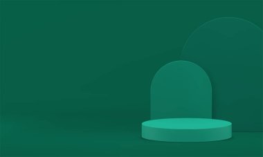 3D yeşil sergi odası minimal podyum gerçekçi vektör illüstrasyonu için afiş hazırlıyor. Moda reklamcılık geometrik şekiller oda alanı silindir sütun yarı daire duvar arkaplanı göstermek için
