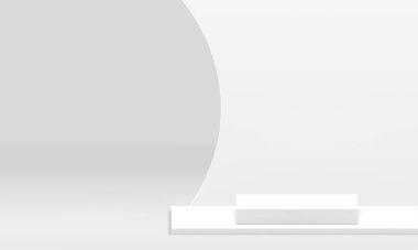 Beyaz 3D sergi salonu ürün sunumu için podyum hazırlıyor. Minimalist estetik ışık geometrik uzay içi kare kaidesel görüntü duvarı eğrisi arkaplanı