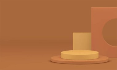 3d bej podyum geometrik ekran ürünü için maket gerçekçi vektör illüstrasyonu. Tarafsız pastel renkler, reklam için soyut şekilli duvar arkaplanı ile birlikte en az rendelendirme pankart silindiri kaidesi