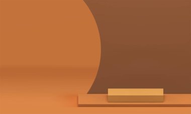 Kahverengi 3D sergi salonu podyum kaidesi ürün sunumu için gerçekçi vektör illüstrasyonu için modelleme yapıyor. Bej rengi nötr vitrin minimalist yorumlama afişi kare sahne eğimli duvar arkaplanı