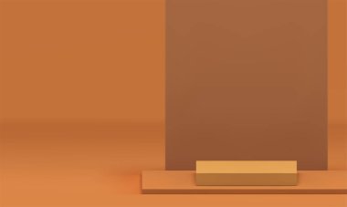 Asgari 3d kahverengi podyum standı sunum gerçekçi vektör illüstrasyonu için pankart oluşturur. Ürün tanıtımı için bej rengin karesi kaidesi boş ticari tanıtım odası alanı tanıtımı