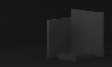 3D siyah kare vitrin podyumu moda promosyon gerçekçi vektör illüstrasyonu için hazırlanıyor. Ürün sunumu için açısal duvar arkaplan oluşturma afişi ile minimalist modaya uygun koyu kaide