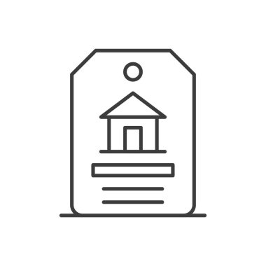 Gayrimenkul satışı, kağıt etiketi, ince çizgi resim ikonu vektör illüstrasyonu satın alır. Konut mülk amblemi. Fiyat bilgisi satışı, perakende satış kuponu promosyon etiketi.