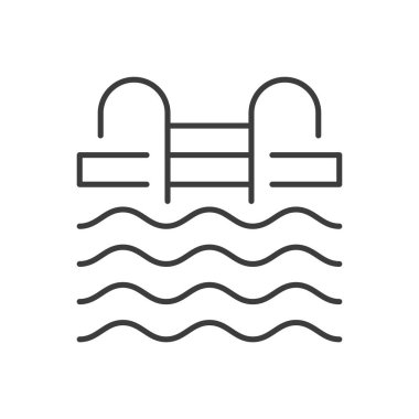 Su dalgası piktogramı olan yüzme havuzu. Emlak ince çizgili sanat ikonu çizimi. Yüzme havuzu yüzme sporu atletizm yarışması aktif yaşam tarzı yaz tatili eğlence aktivitesi