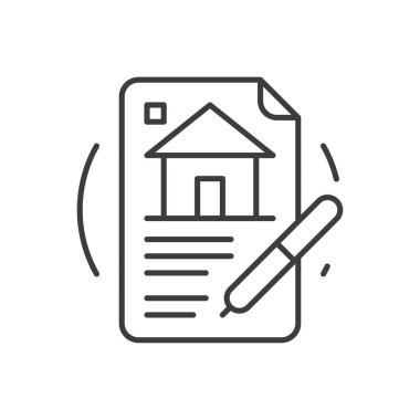 Emlak sözleşmesi satın alma faturası tahmini mortgage kredisi ince çizgi resim ikonu illüstrasyonu. Ev mülk kirası, satış sigortası kağıt belge sözleşmesi imzası.