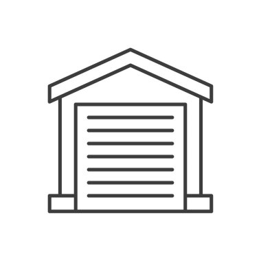 Emlak garajı araba deposu ince çizgili sanat ikonu çizimi çiziyor. Yuvarlak kapılı çatı çatı sanayi deposu mimari inşaatı